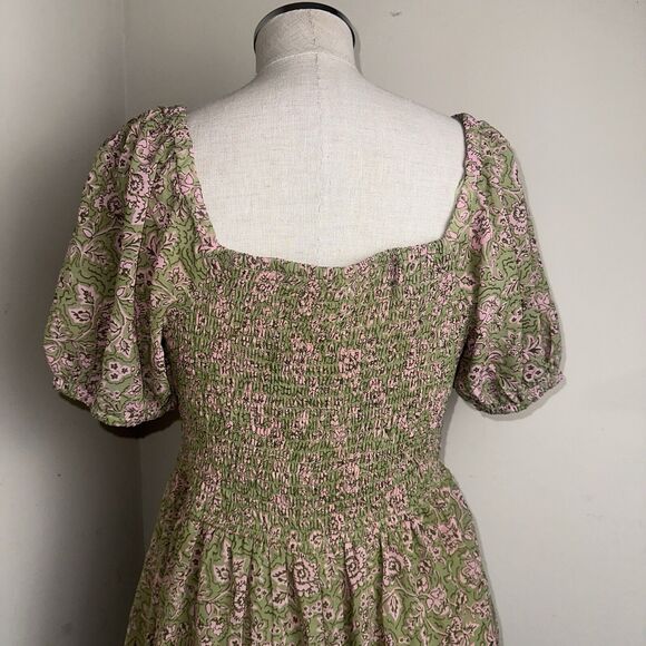 NWT Japna Olive Green Pink Floral Smocked Dress Puffy Sleeves Sz Xtra Large XL - Picture 8 of 8